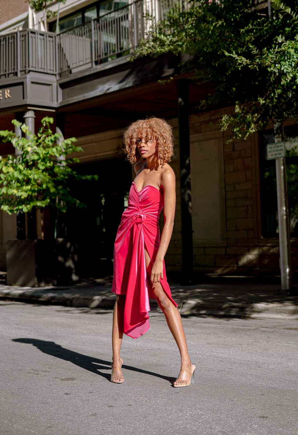 Pink Velvet High Slit Strapless Dress