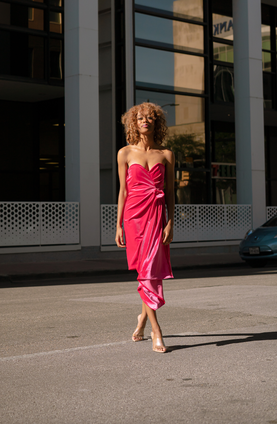 Pink Velvet High Slit Strapless Dress