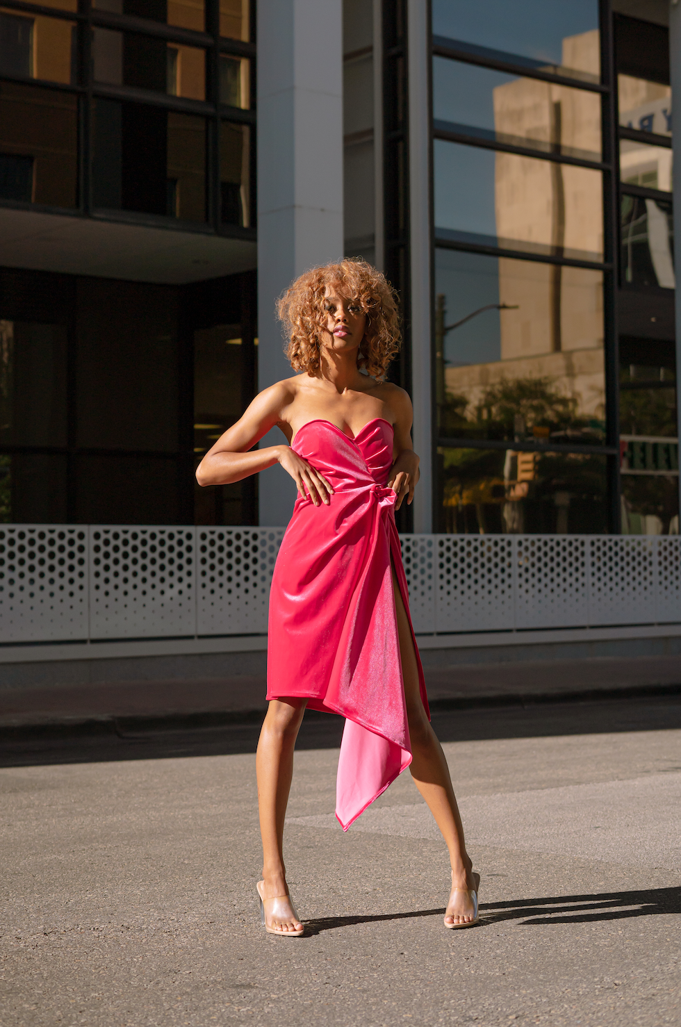 Pink Velvet High Slit Strapless Dress