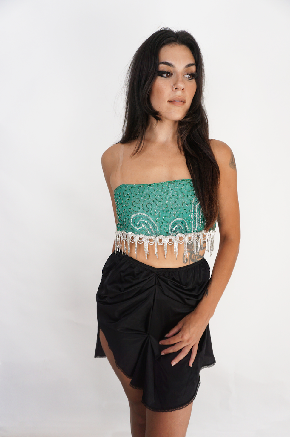 Vintage Turquoise Shimmer and Crystal Fringe Bra Top