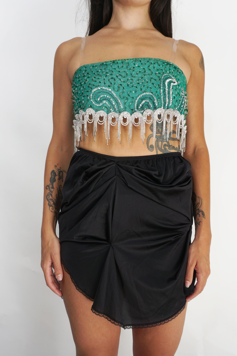 Vintage Turquoise Shimmer and Crystal Fringe Bra Top