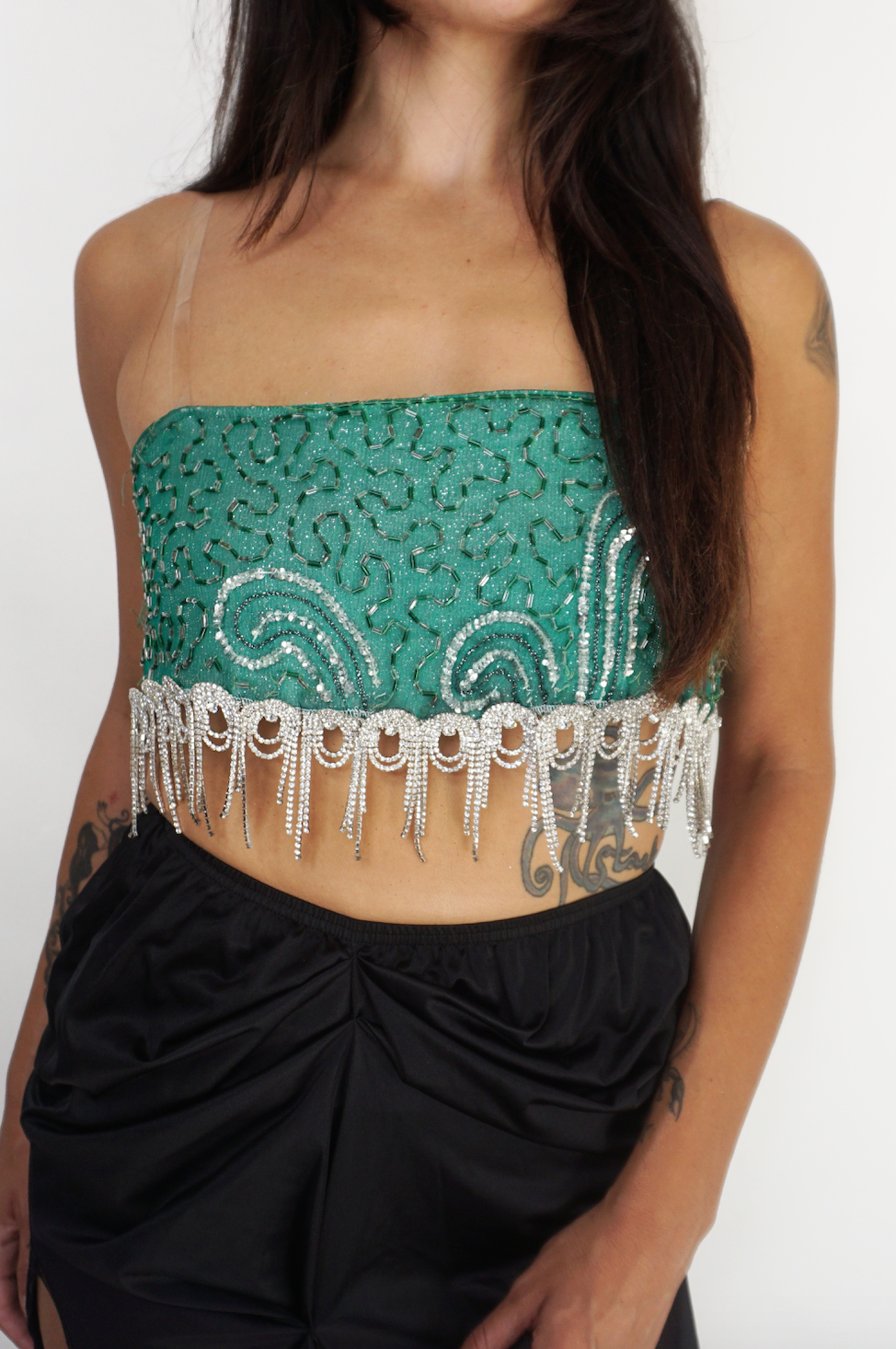 Vintage Turquoise Shimmer and Crystal Fringe Bra Top