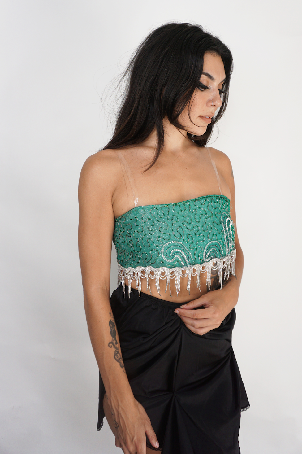 Vintage Turquoise Shimmer and Crystal Fringe Bra Top