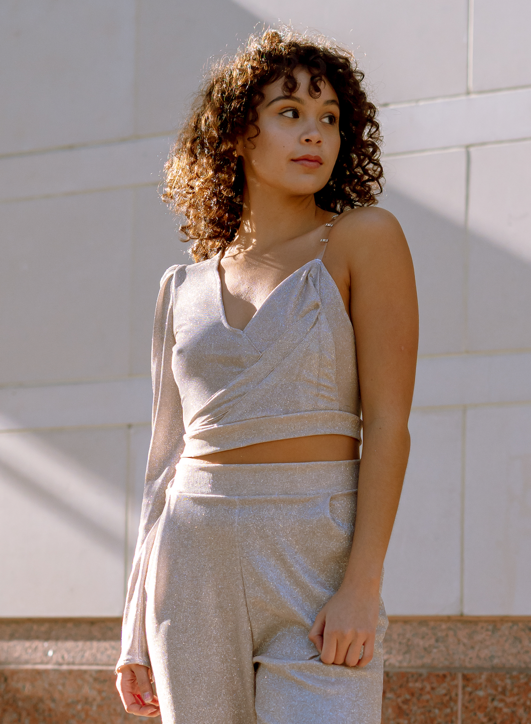 Silver Sparkle One-Shoulder Crop Top